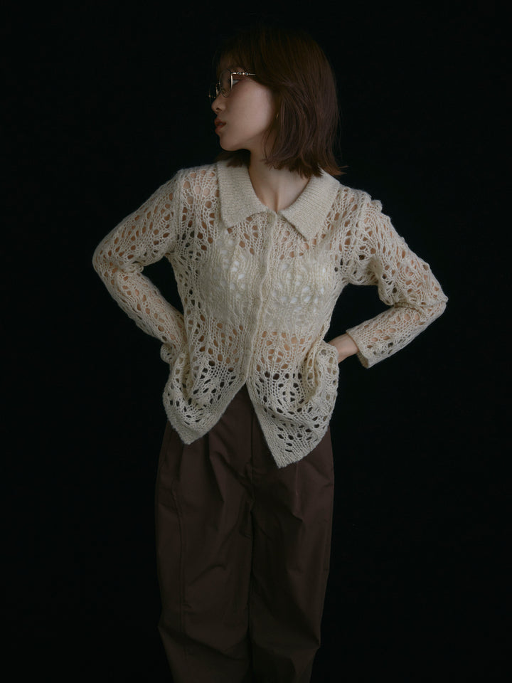 【Allure】[SET]ローゲージ透かし編みポロニッカーディガン+タフタワイドカーブパンツ(2set)