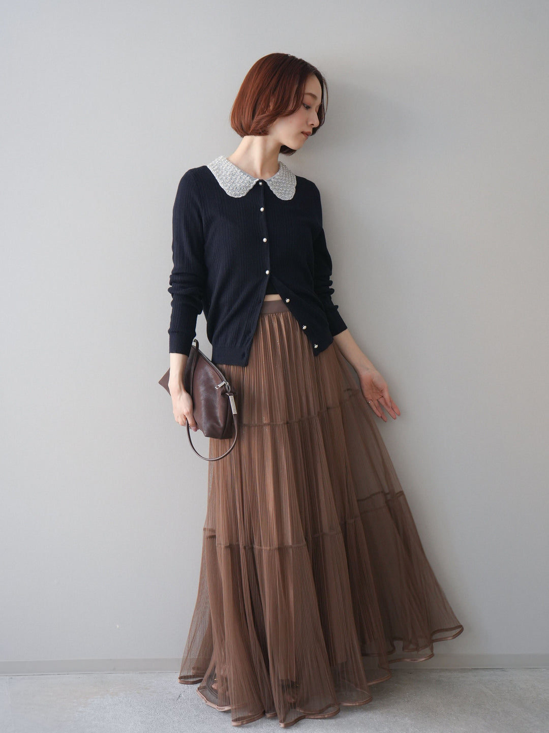 [予約]ラメプリーツレイヤードチュールロングスカート/mocha