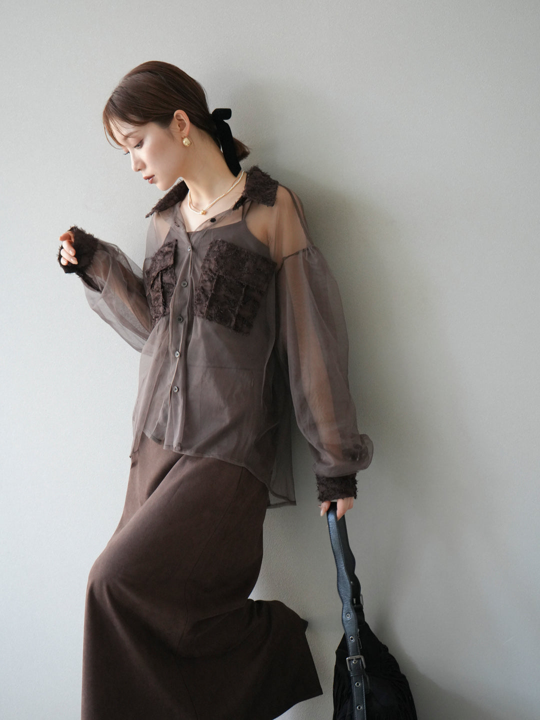 [予約]フリンジジャガード×チュールレイヤードシャツ/ブラウン