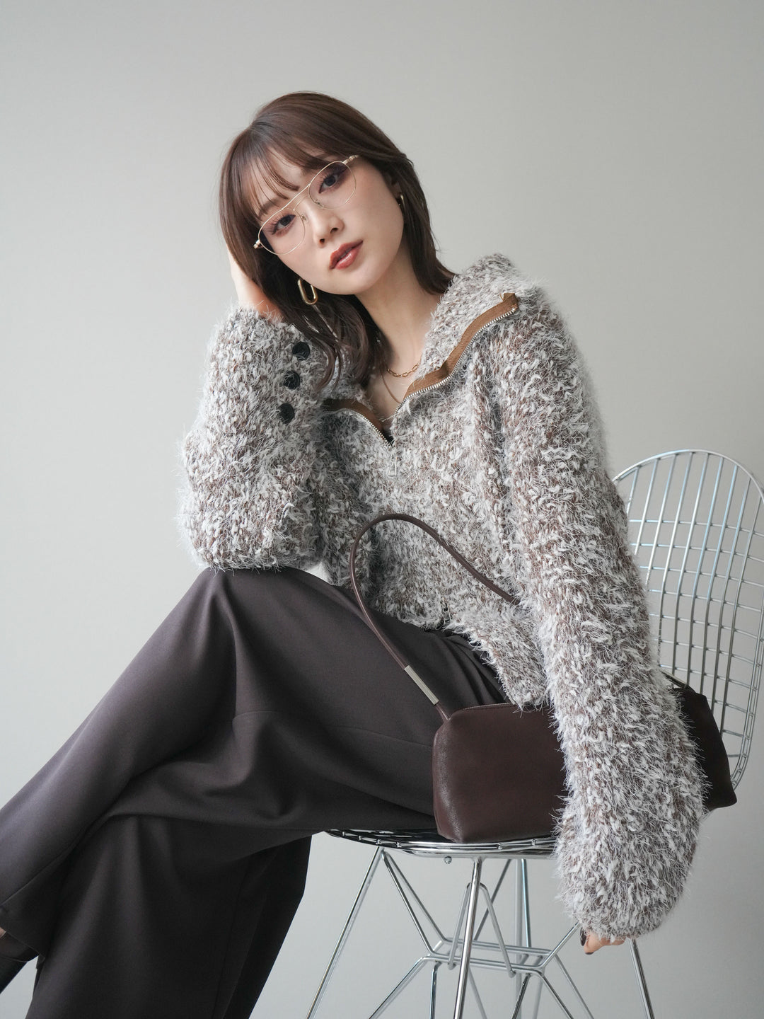 [予約]ミックスシャギージップニットカーディガン/brown