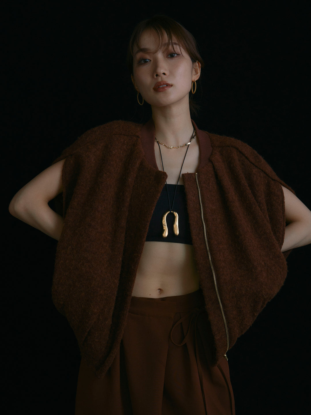 【Allure】[SET]ウール混コクーンブルゾン+ラップデザインタックワイドパンツ(2set)