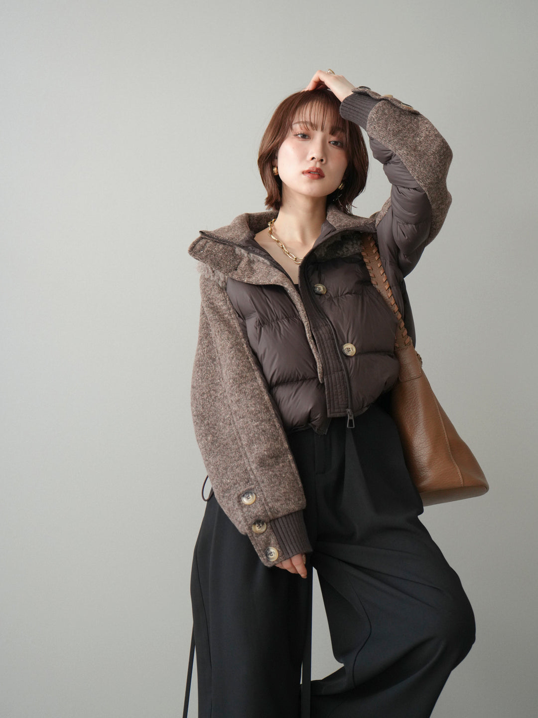 [SET]異素材ダウンジャケット+ベルトループデザインワイドパンツ(2set)