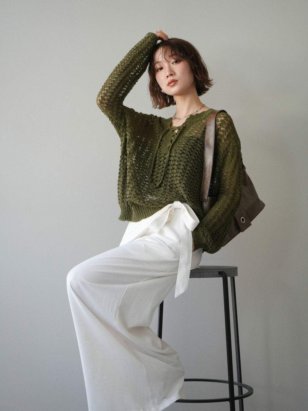 [予約]パネルメッシュニットトップス/khaki