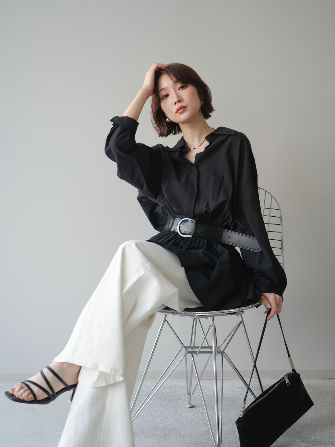[予約]ベルト付フレアシャツミニワンピース/black