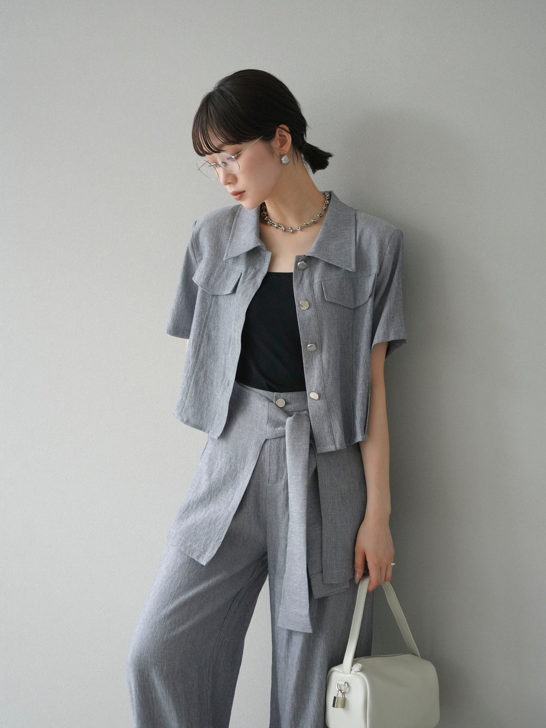 [SET]リネンタッチハーフシャツ＆ラップワイドパンツSET UP(2set)