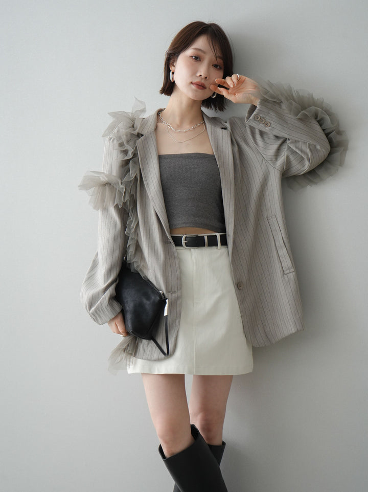 [予約]アシンメトリーチュールストライプジャケット/greige
