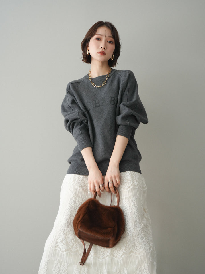 [予約]半ラバープリントロゴスウェットライクニットプルオーバー/mokucharcoal