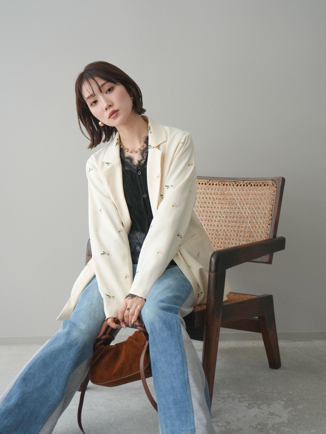 [予約]フラワー刺繍テーラードジャケット/ivory