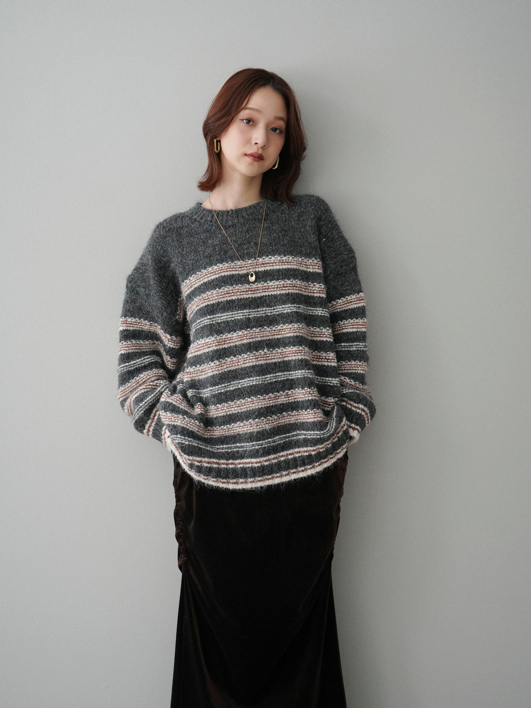 [SET]ステッチボーダーニットプルオーバー+ギャザーベロアスカート(2set)