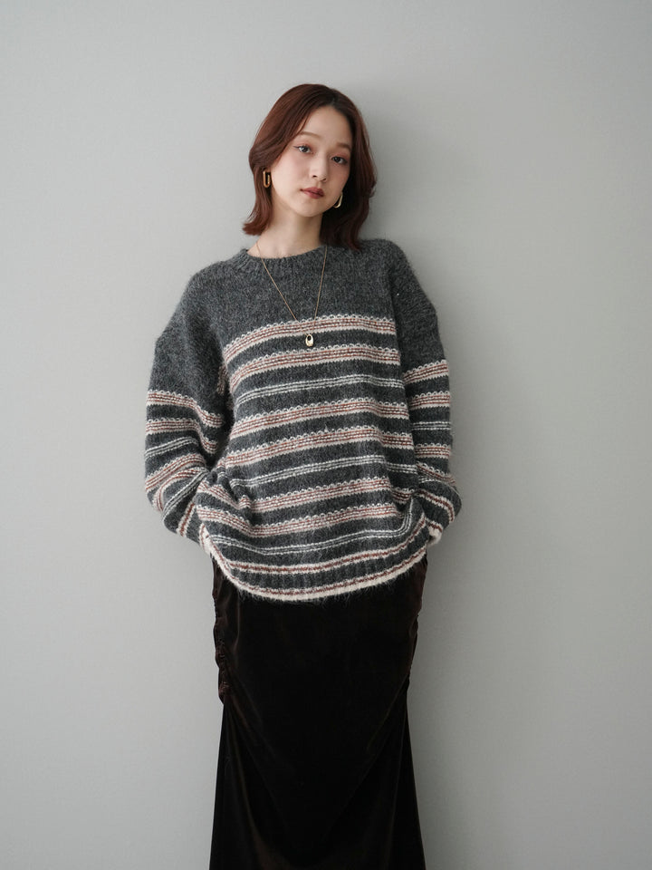 [SET]ステッチボーダーニットプルオーバー+ギャザーベロアスカート(2set)