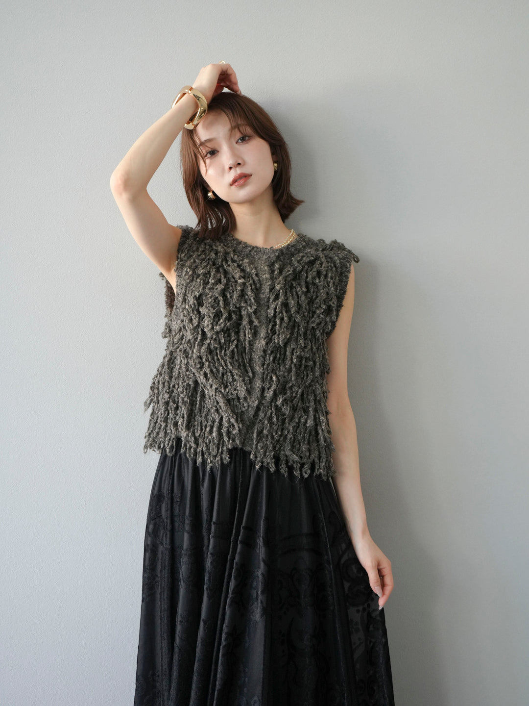 [SET]フリンジループニットベスト+アンティーク柄フロッキーマキシスカート(2set)