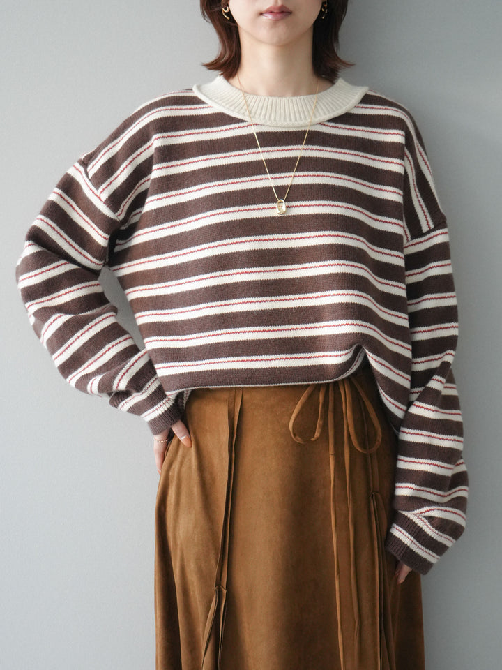 [予約]モックネックボーダーニットプルオーバー/brown