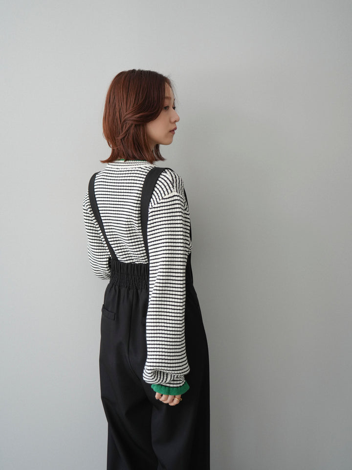 [SET]ラメ異素材ボーダーリブニットプルオーバー+ゴールドボタンサスペンダーワイドパンツ(2set)