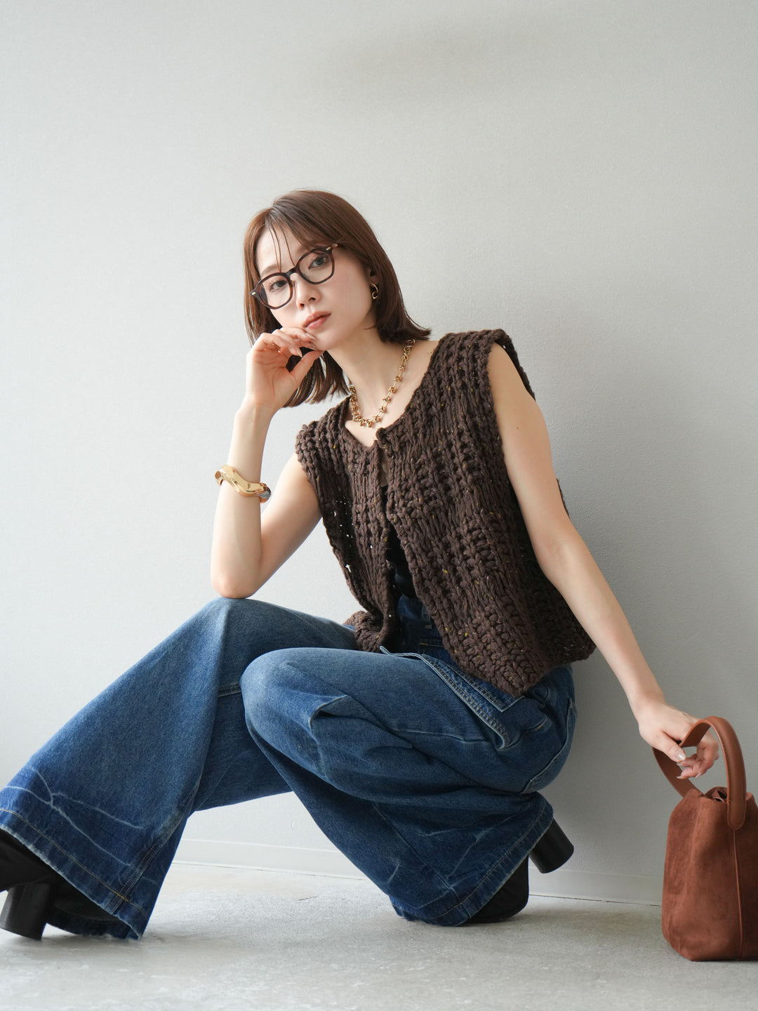 [予約]ミックスヤーンデザイン編みニットベスト/ブラウン