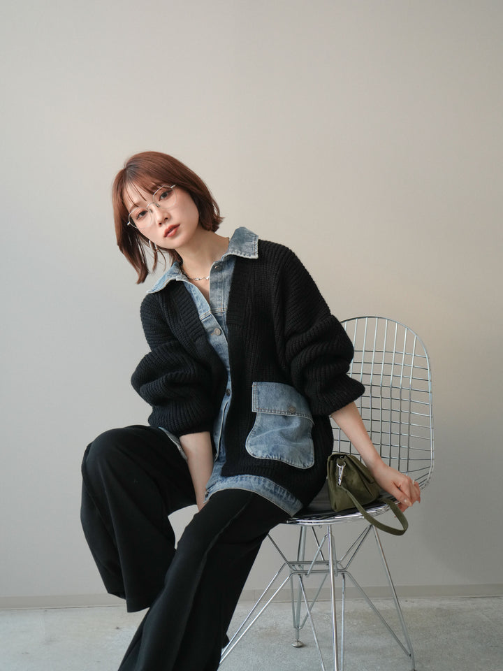 [予約]デニムドッキングオーバーニットジャケット/black