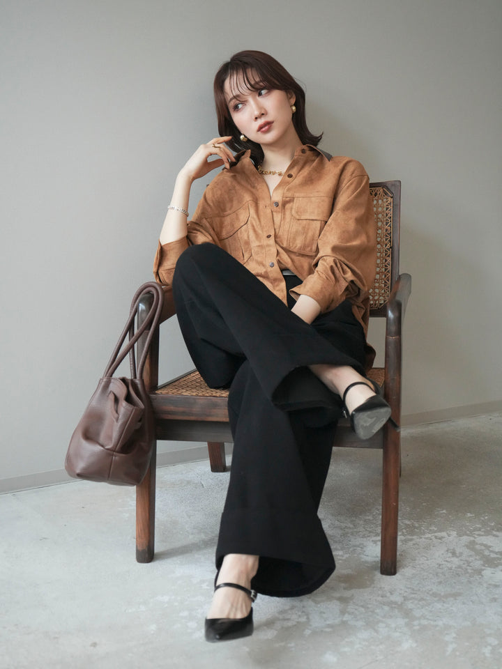 [予約]レザー襟スエードシャツ/camel