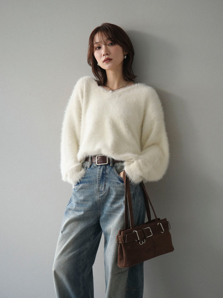 [SET]バックリボンVネックシャギーニットプルオーバー+選べるアクセセット(2set)