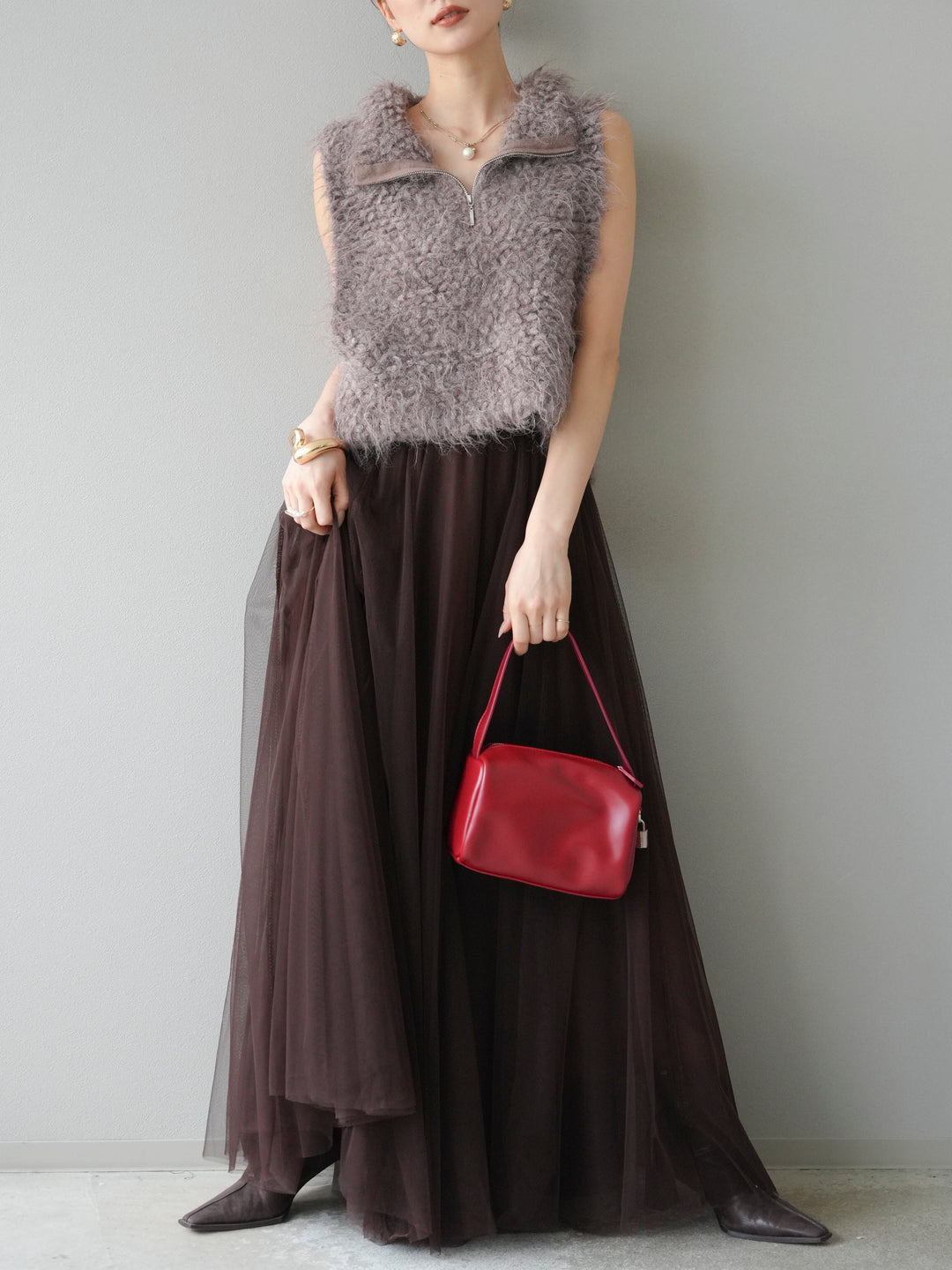 [予約]メランジブークレハーフジップニットベスト/モカ