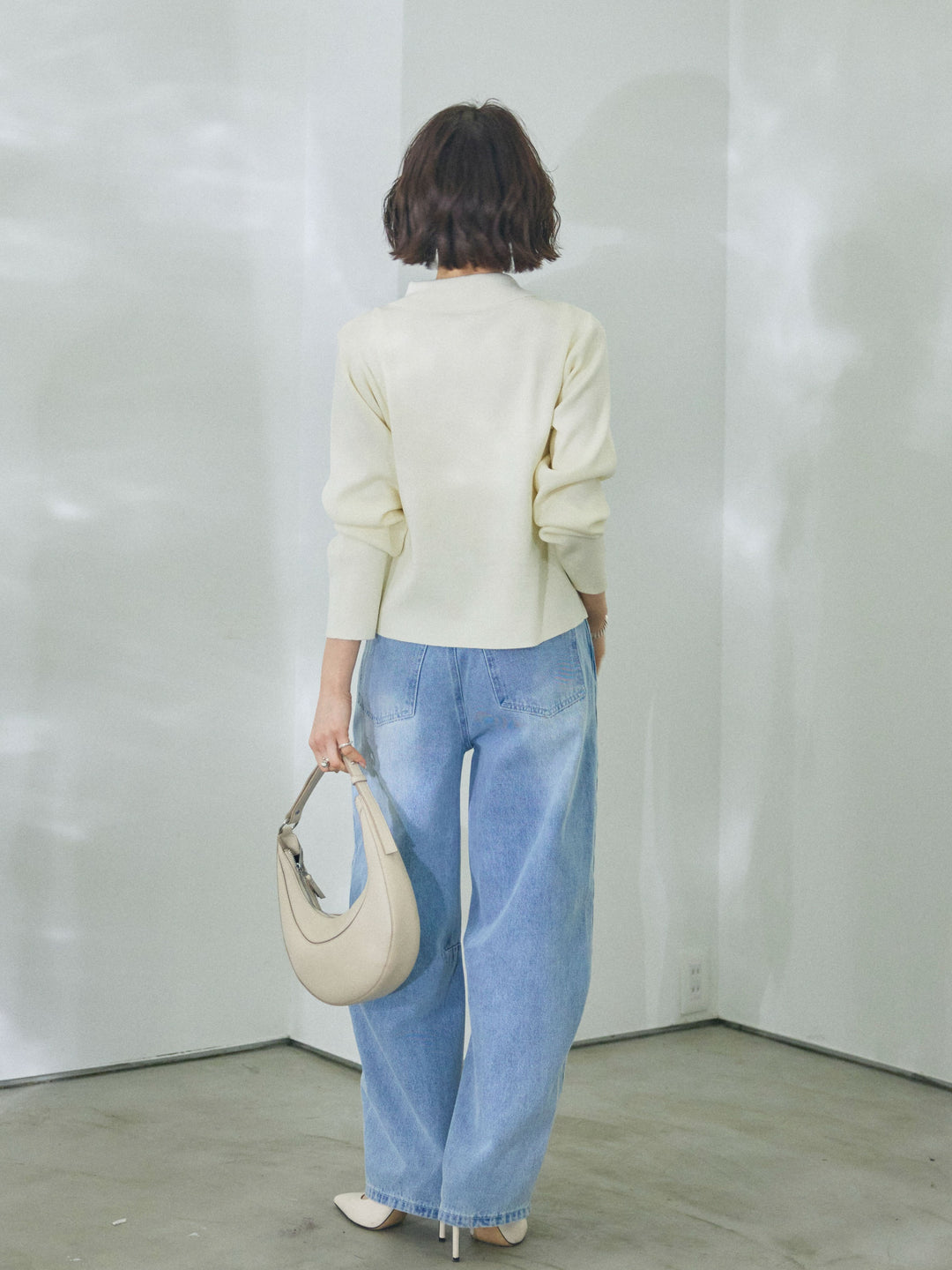 【Allure】[SET]襟付きギャザーニットカーディガン+アシメカーブデニムパンツ(2set)