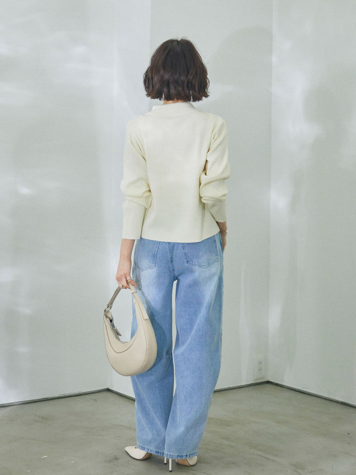 【Allure】[SET]襟付きギャザーニットカーディガン+アシメカーブデニムパンツ(2set)