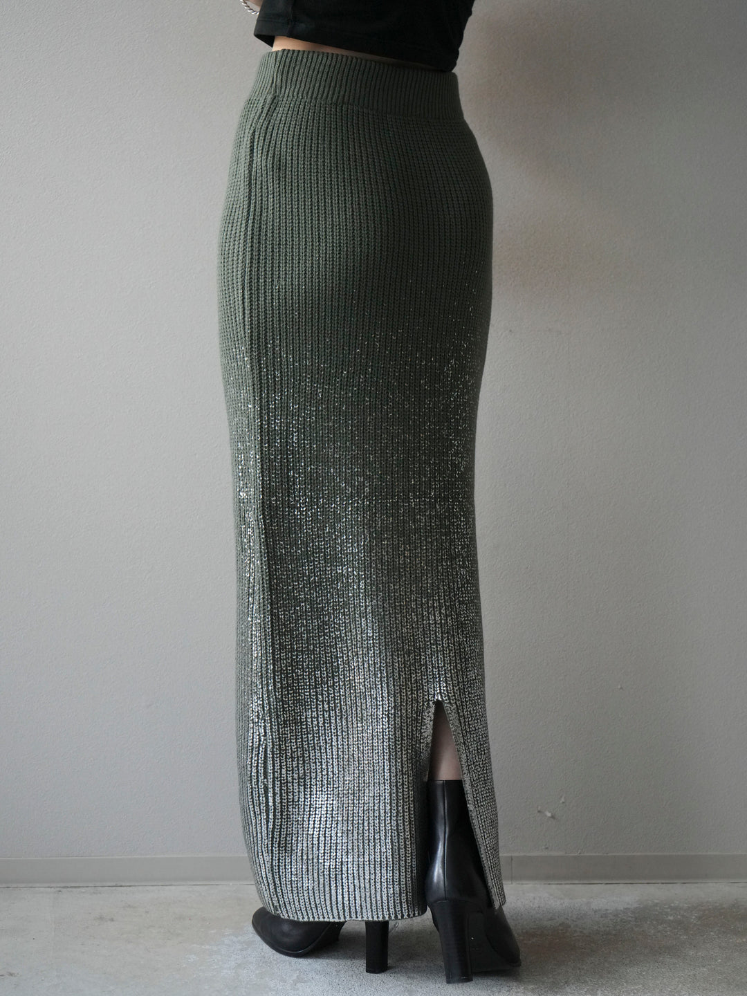 [予約]箔プリントニットタイトスカート/ashgreen