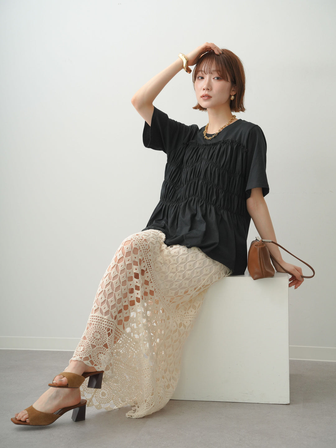[SET]クールタッチシャーリングTEE+クロシェレースIラインスカート(2set)