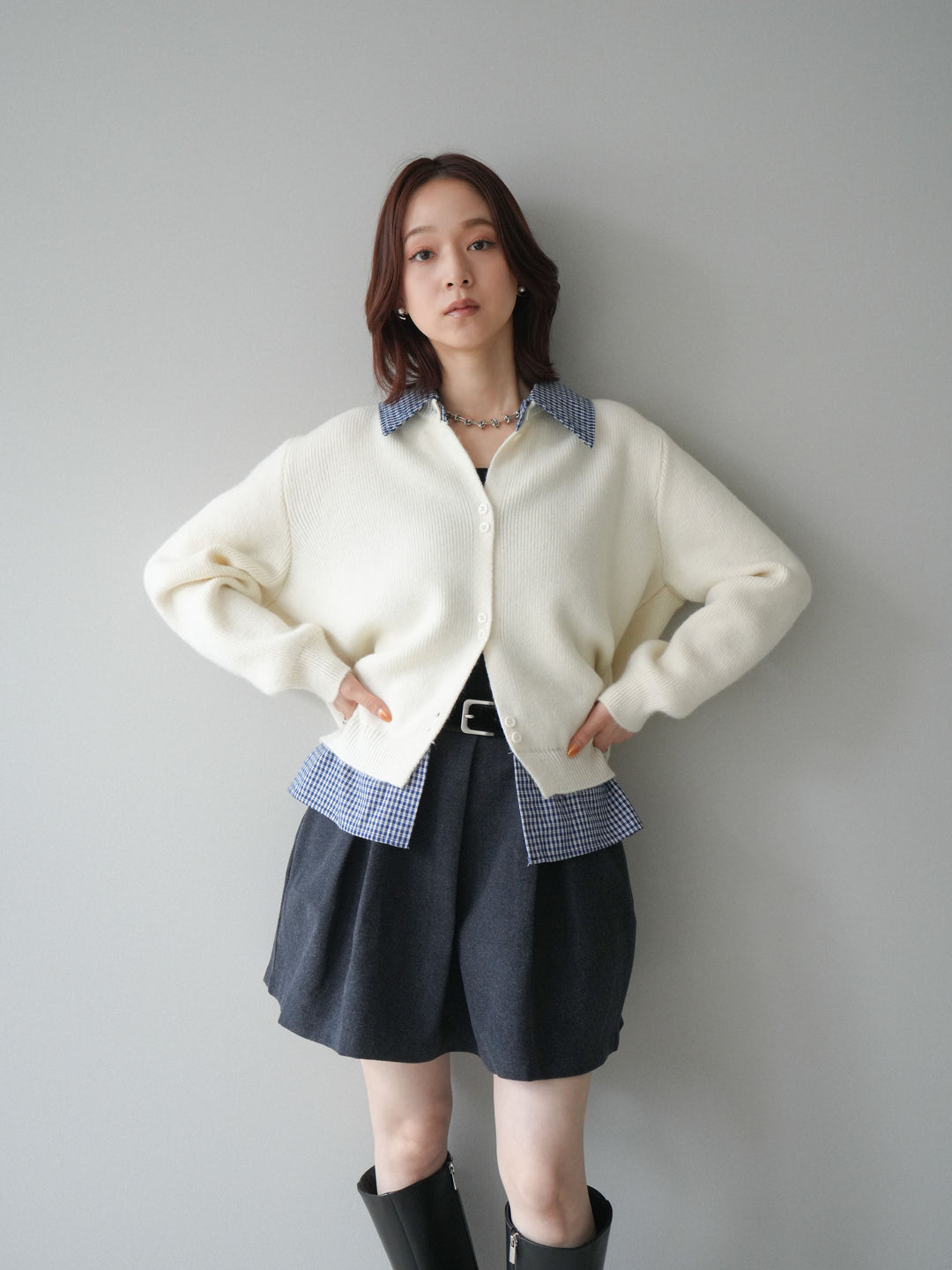 [SET]チェックシャツ襟ニットカーディガン+ベルト付きタックミニスカート(2set)