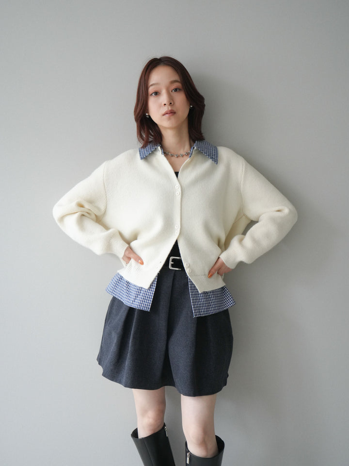 [SET]チェックシャツ襟ニットカーディガン+ベルト付きタックミニスカート(2set)