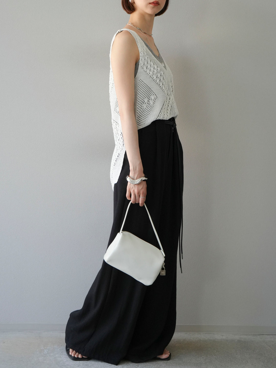 [予約]ロープデザインベルトリネンタッチワイドパンツ/ブラック