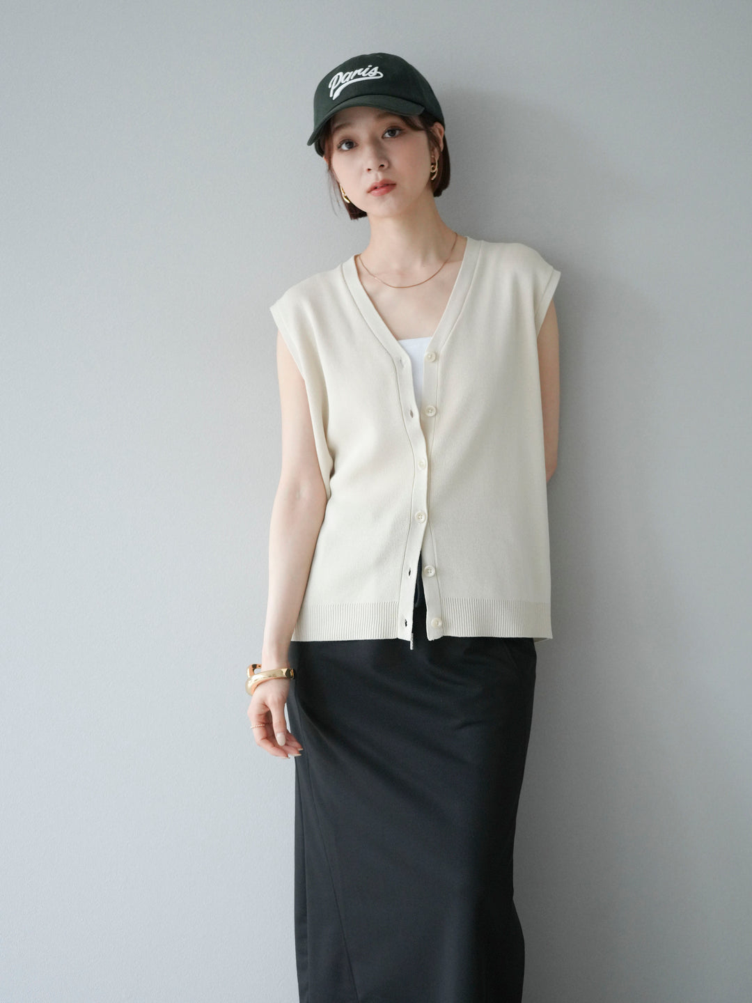 [SET]Vネックレーヨンニットベスト+スウェットロングスカート(2set)