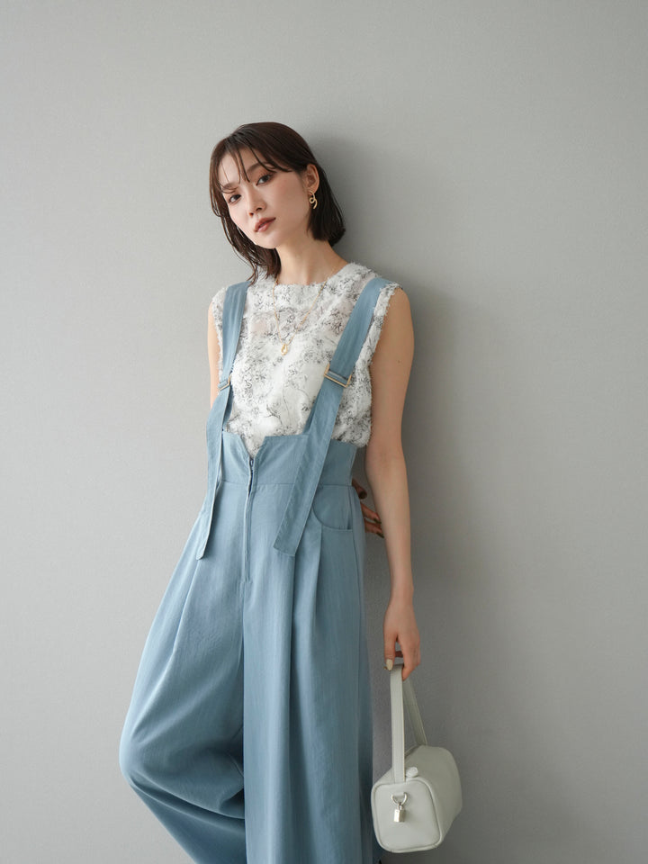 [SET]ストリングデザインハイウエストサロペット+ニュアンスフリンジジャガードノースリーブブラウス(2set)