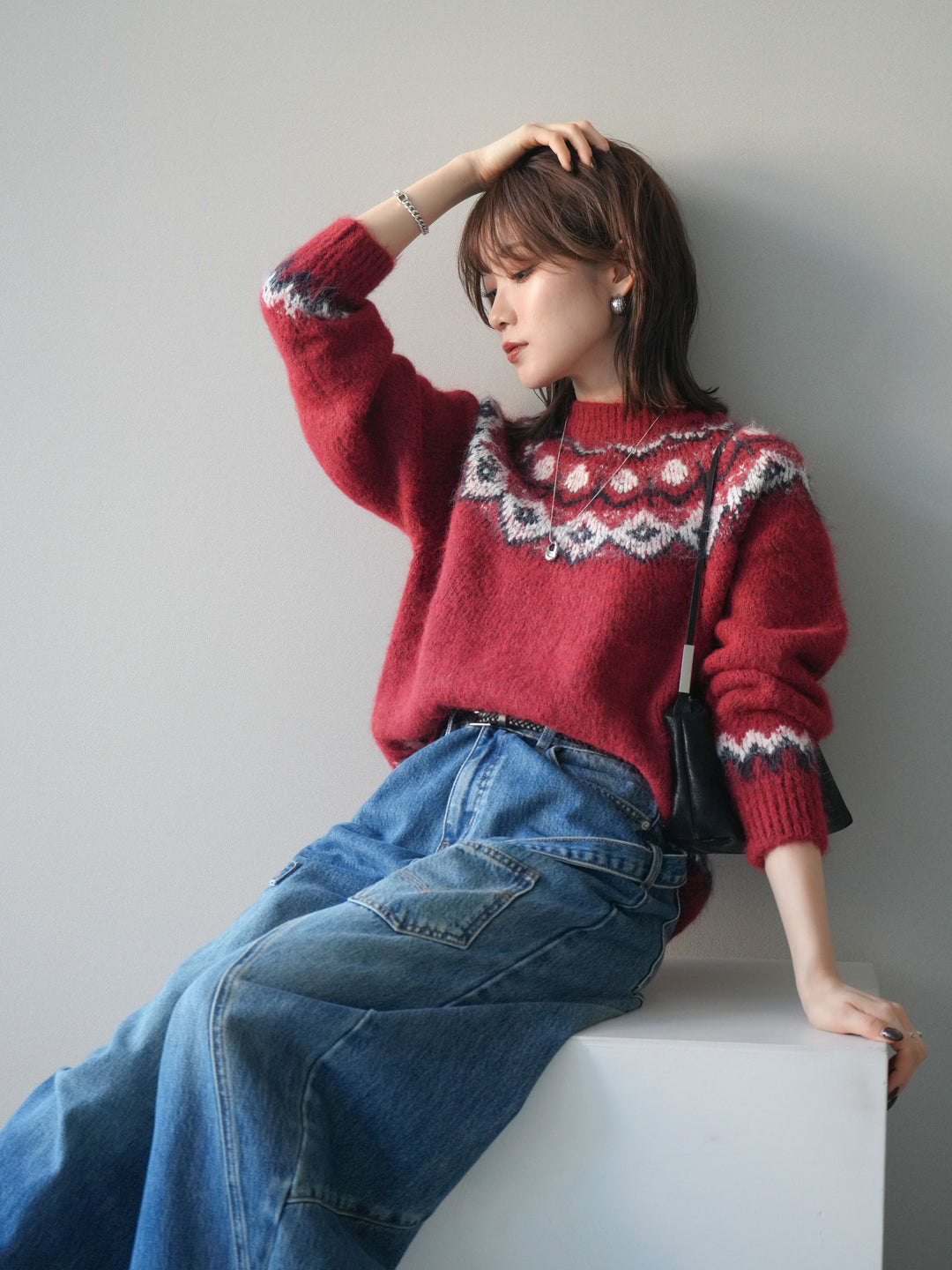 [SET]ソフトタッチ求心柄ニットプルオーバー+ペインターカーブデニムパンツ(2set)