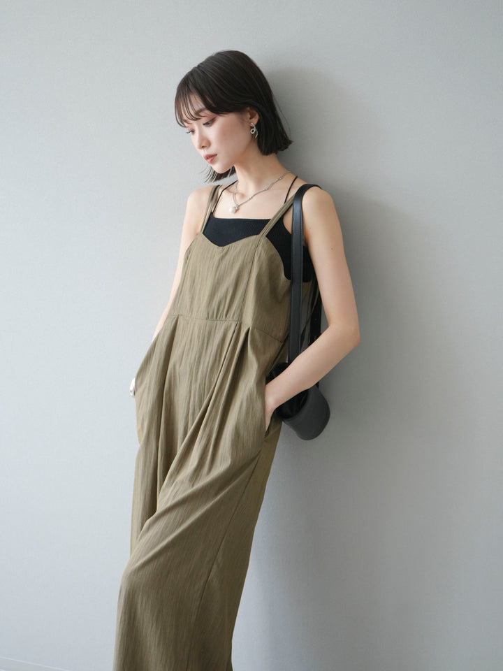 [SET]リネンライクビスチェデザインサロペット+ダブルストラップカットリブブラキャミソール(2set)