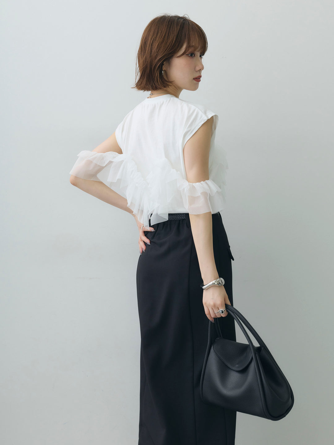 [SET]マルチwayフリルフレンチTEE+クレープデシンフラップ付きストレートスカート(2set)