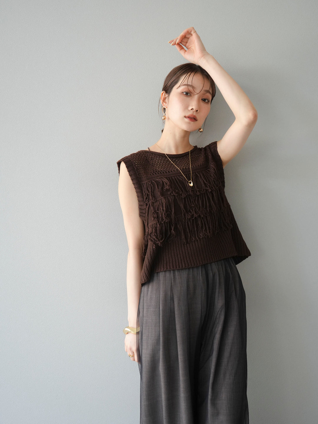 [SET]透かし編みフリンジニットトップス+コード刺繍チュールレイヤードパンツ(2set)