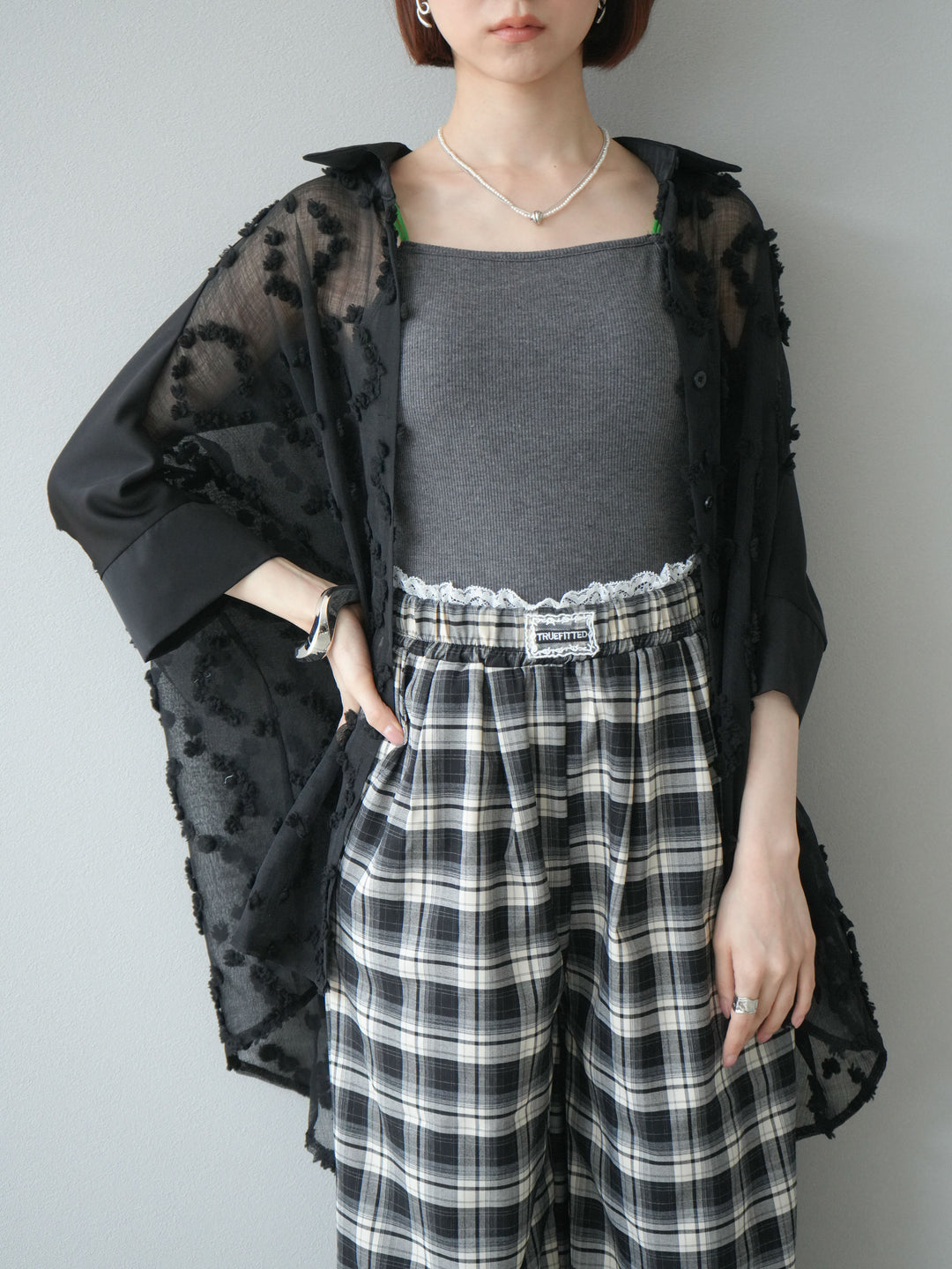 [預購] 混合材質透視半身襯衫/黑色