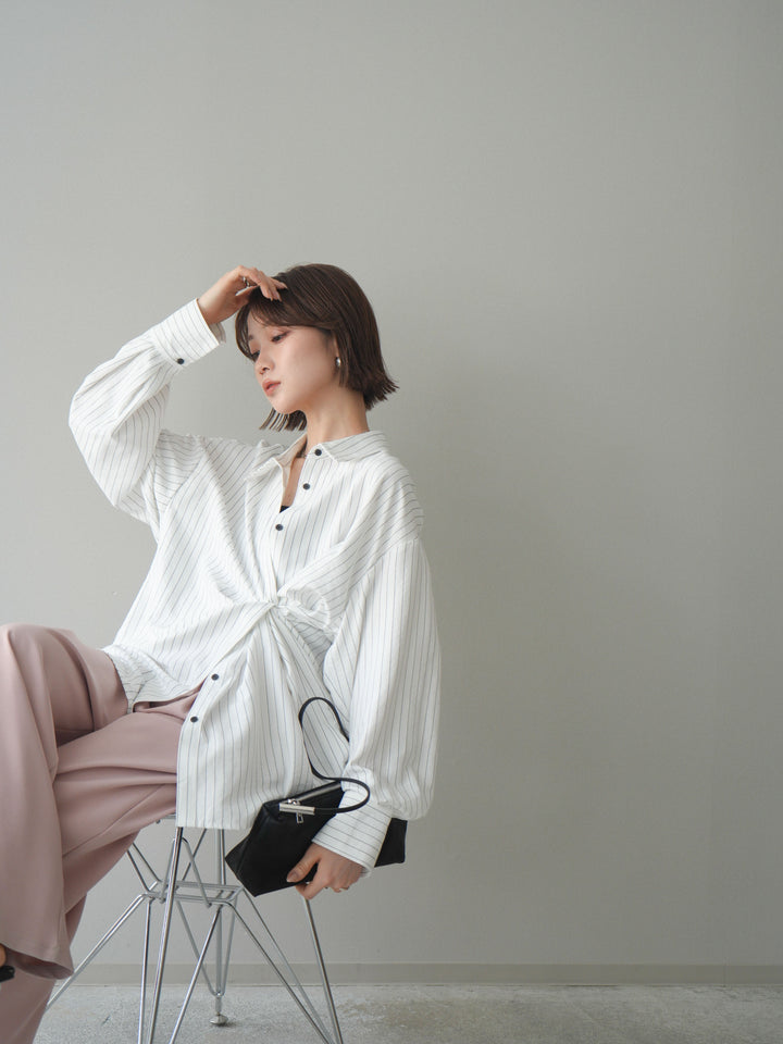 [SET]2WAYカシュクールストライプブラウス+ベルト付キーホルダーモチーフワイドパンツ(2set)