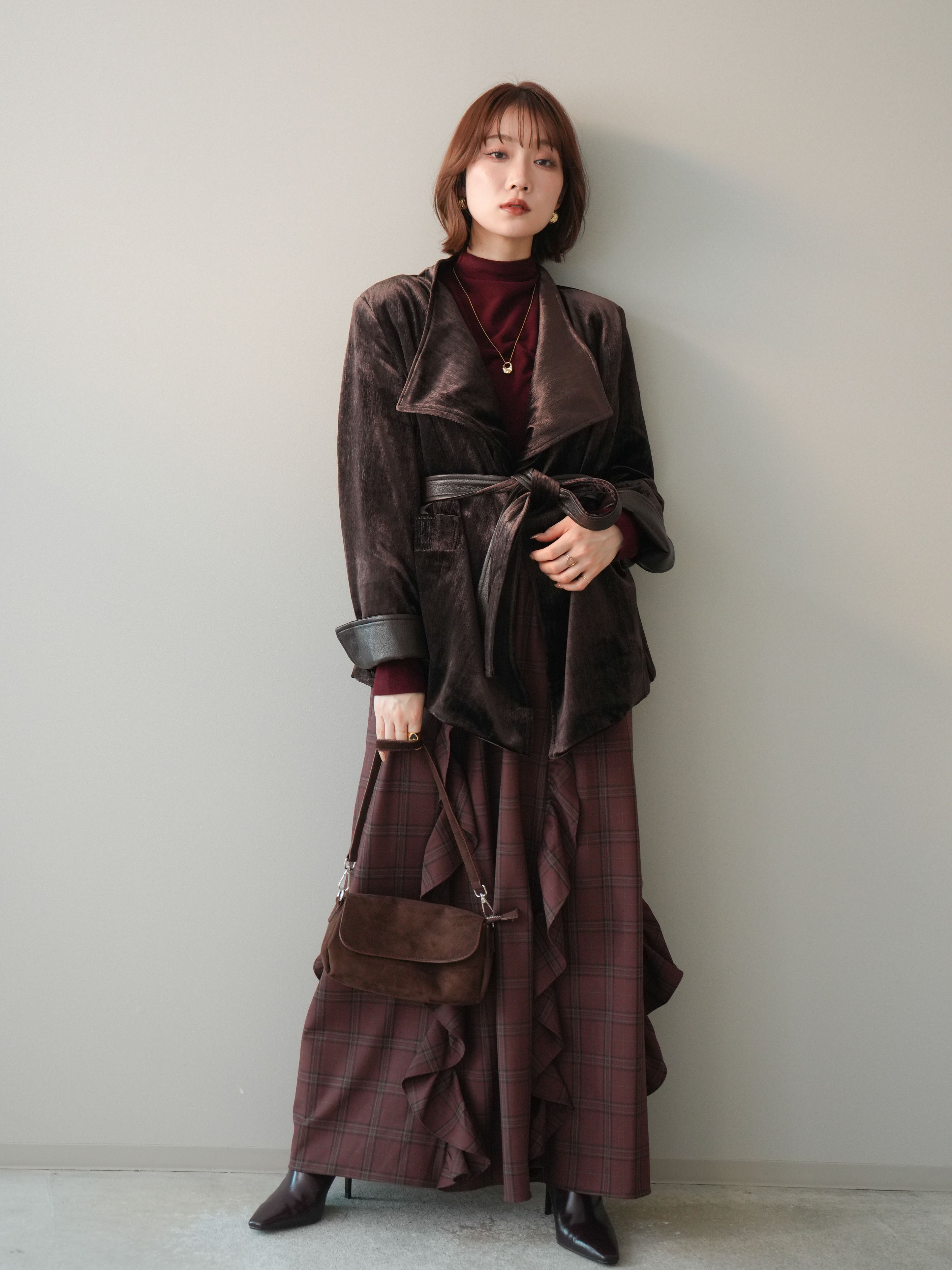 SET]ベロアガウンジャケット+チェック柄フリルハイウエストマキシ