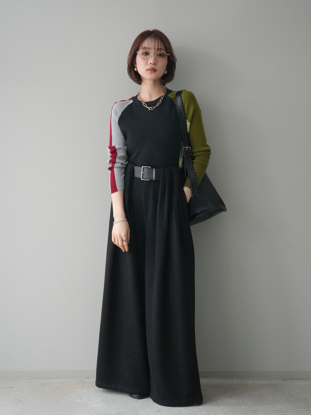[SET]バイカラーラグランニットトップス+ベルトデザインループウールワイドパンツ(ベルト付)(2set)