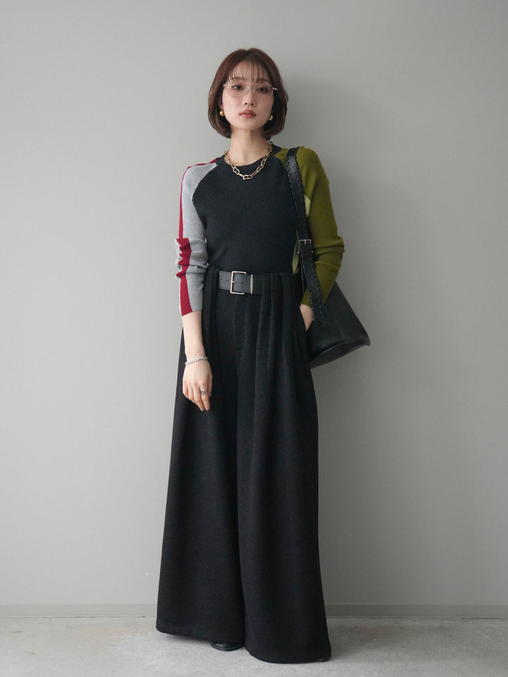[SET]バイカラーラグランニットトップス+ベルトデザインループウールワイドパンツ(ベルト付)(2set)