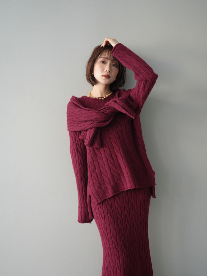 [SET]ストール付ケーブルニットプルオーバー&ロングスカートSET UP+選べるアクセセット(2set)