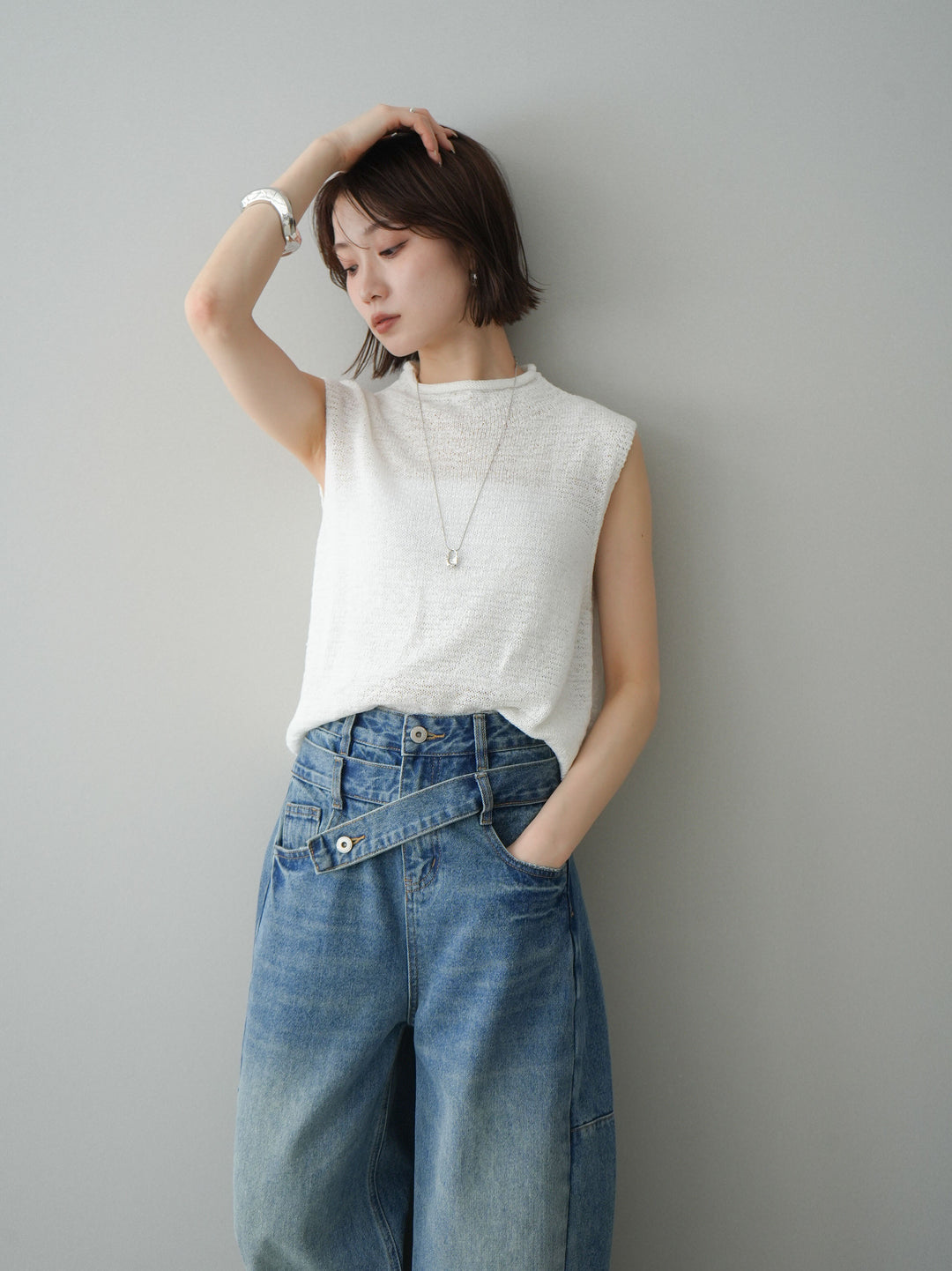 [予約]ノースリーブリネンタッチシアーニットプルオーバー/white