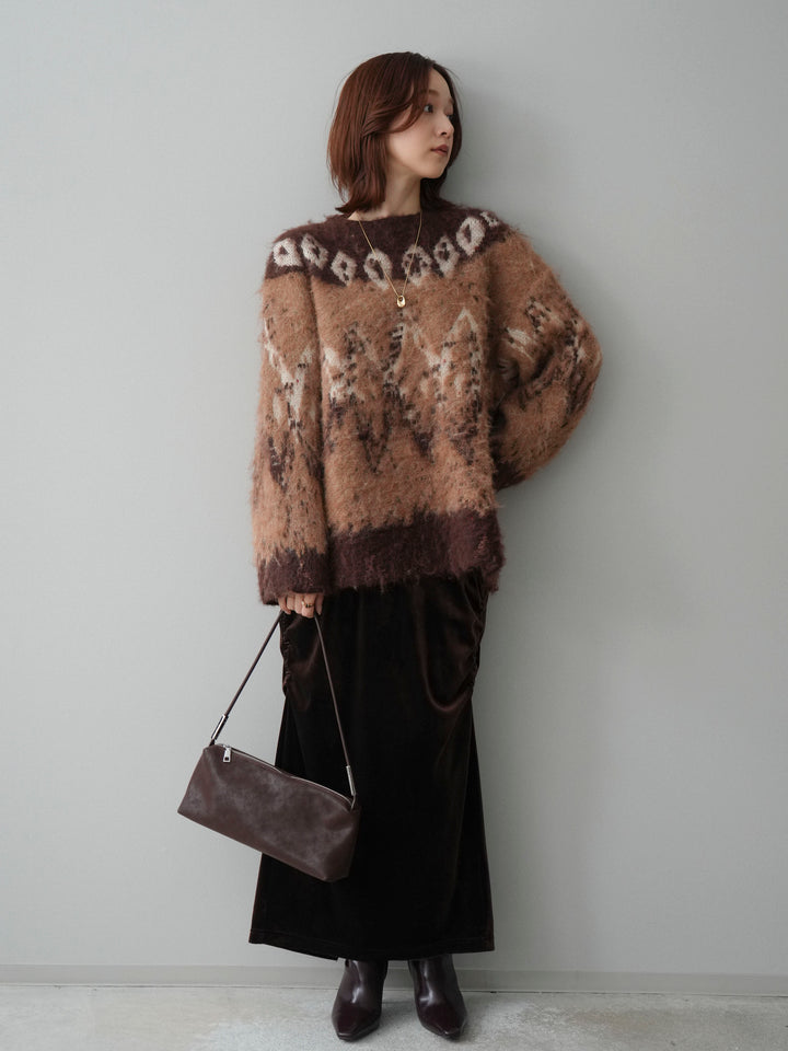 [SET]シャギーニュアンス柄ニットプルオーバー+ギャザーベロアスカート(2set)