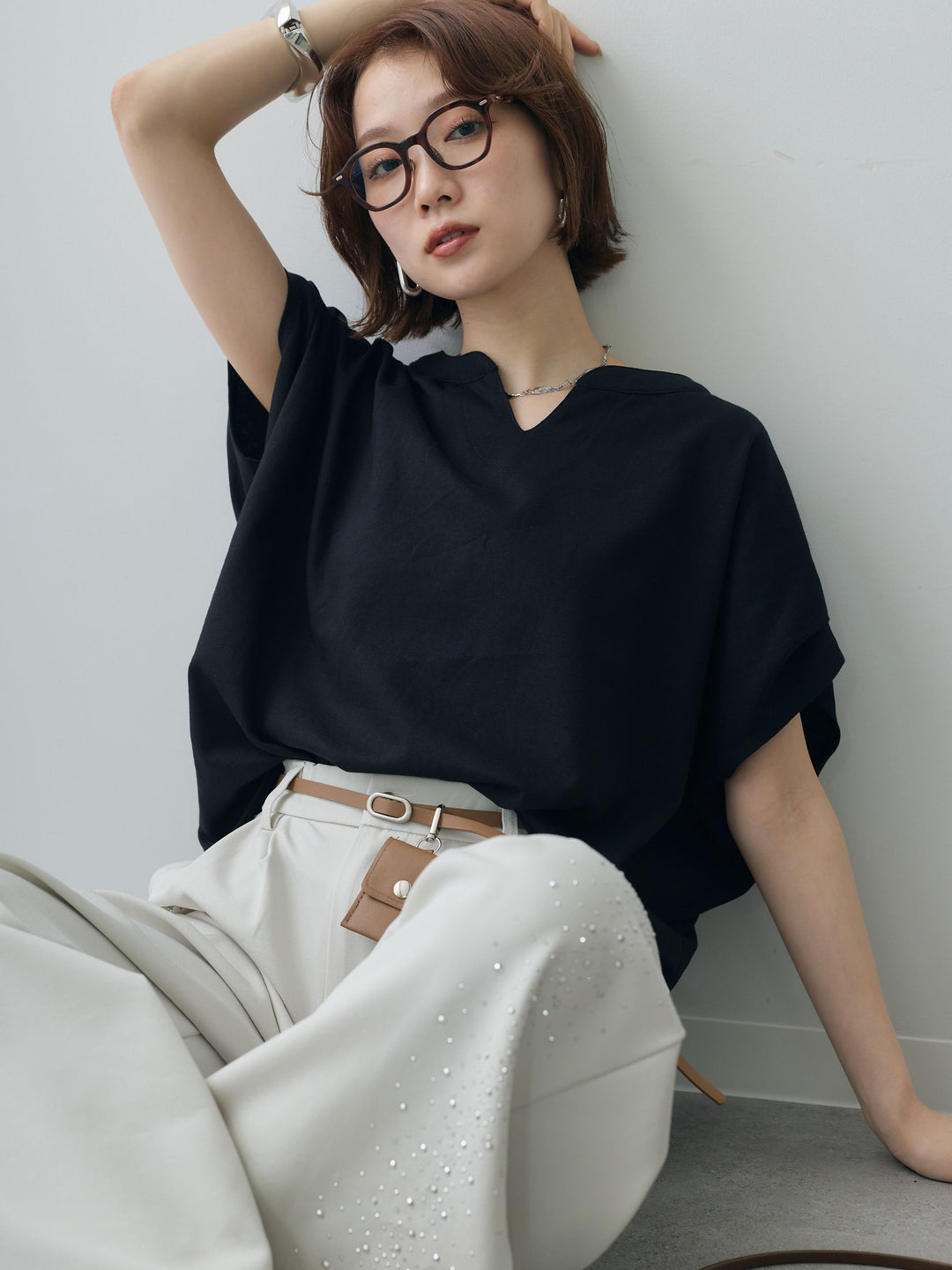 [SET]スキッパードルマンカットソー+ポーチベルト付サイドビジュータックワイドパンツ(2set)