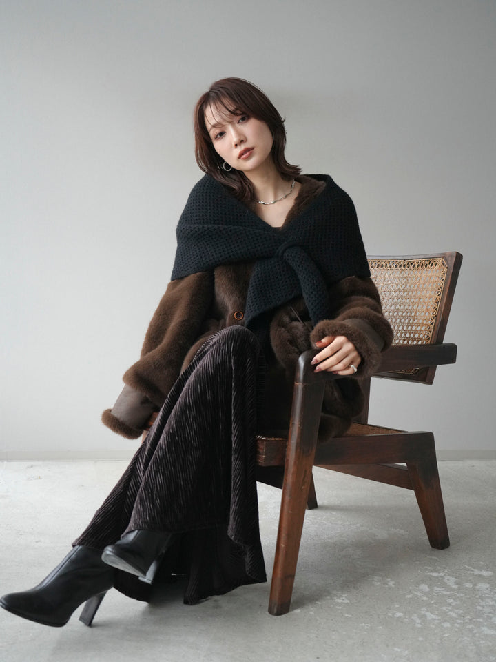 [予約]バッグ付エコファーノーカラーコート/brown