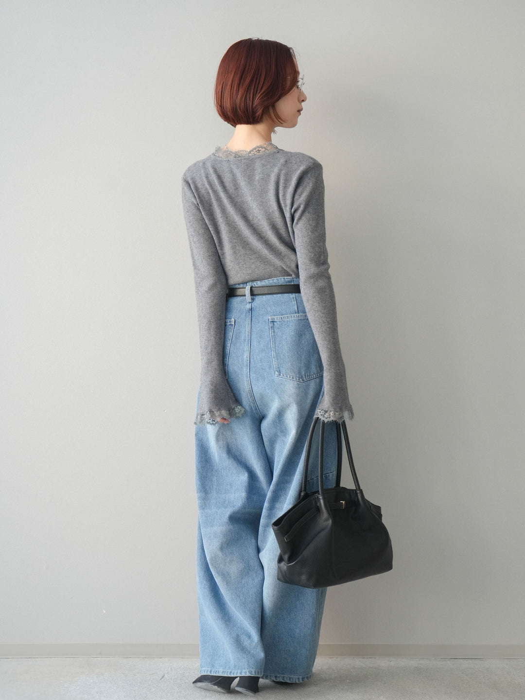 [SET]レースドッキングVネックニットトップス+ハイウエストベルトループデザインデニムパンツ(2set)