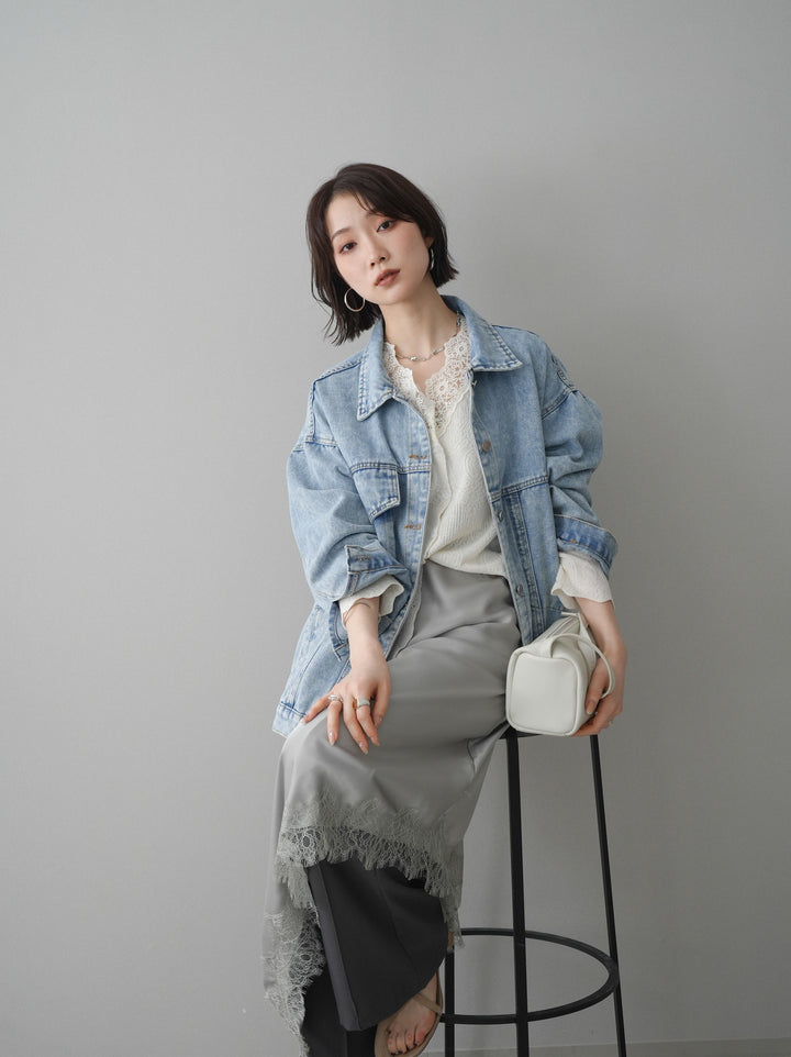 [SET]デザインBIGポケットオーバーデニムジャケット+レースネックジャガードニットカーディガン+サテンライクアシメレーススカート+センターシームフレアパンツ(4set))