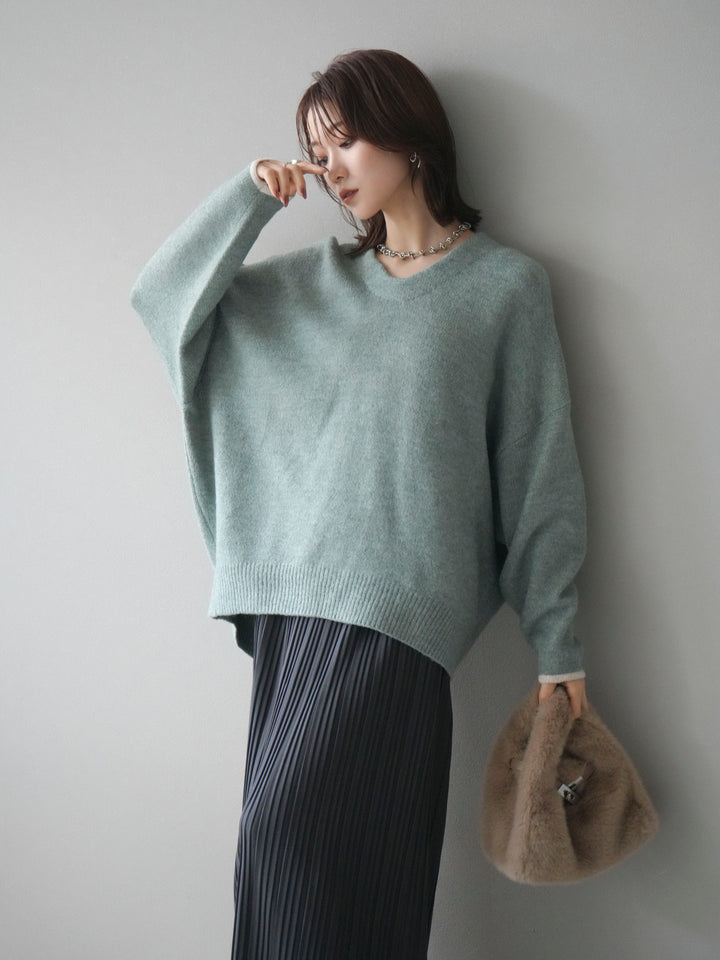 [SET]Vネック配色スリーブニットプルオーバー+選べるアクセセット(2set)