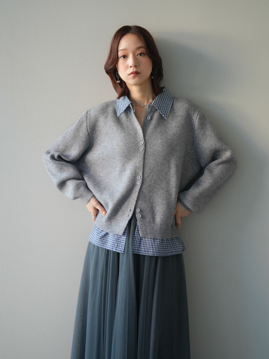 [SET]チェックシャツ襟ニットカーディガン+チュールボリュームスカート(2set)