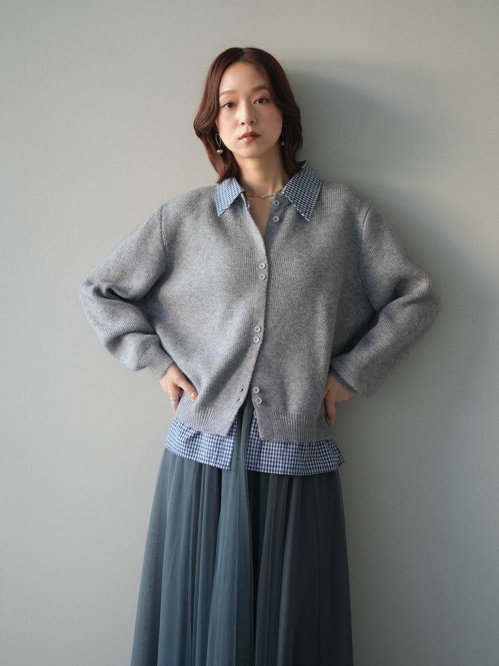 [SET]チェックシャツ襟ニットカーディガン+チュールボリュームスカート(2set)